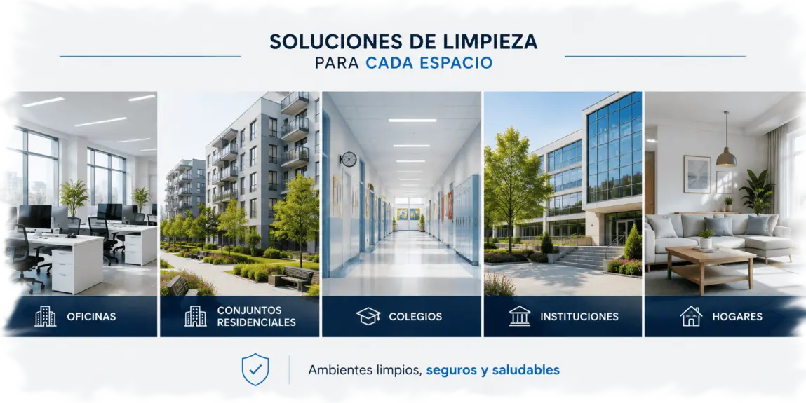Aseo general y especializado para empresas, oficinas, colegios, bodegas y conjuntos residenciales. Limpieza, desinfección y mantenimiento de calidad.