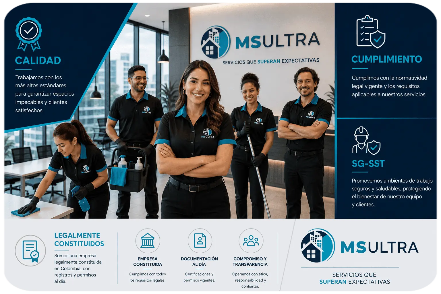 Servicios de aseo, limpieza, reparaciones locativas y asesorías empresariales, cumpliendo normativa SG-SST y estándares de calidad.