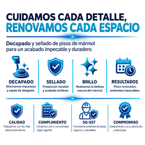 Limpieza especializada de pisos en mármol, porcelanato y madera: decapado, sellado, brillado, cristalizado y restauración profesional.